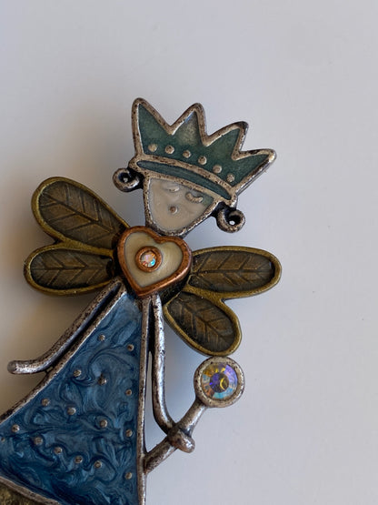 Vintage Whimsical Fairy Princess Enamel Brooch with Rhinestone Wand