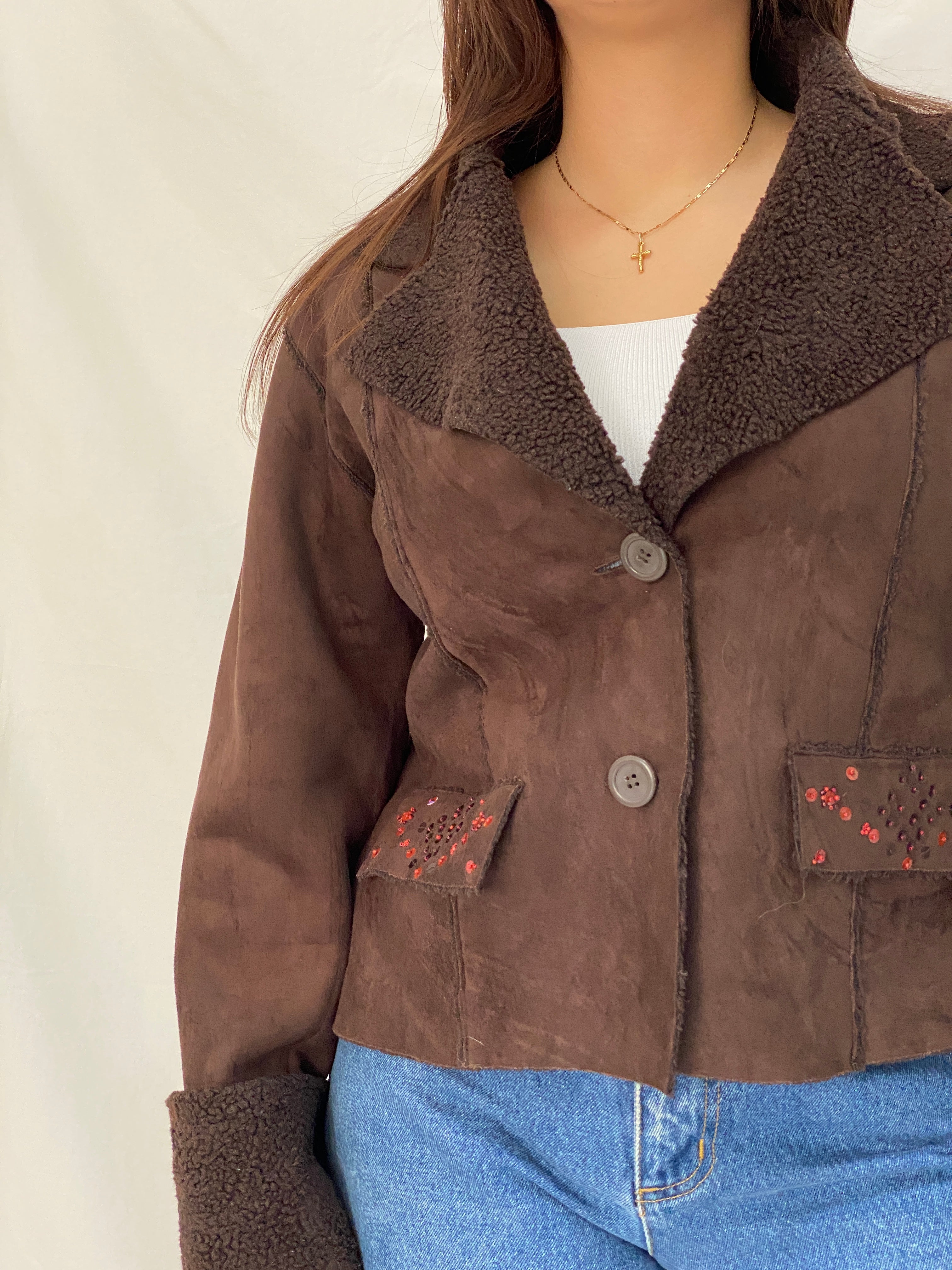 Y2K Together Brown Faux Suede Teddy Trim Jacket - L
