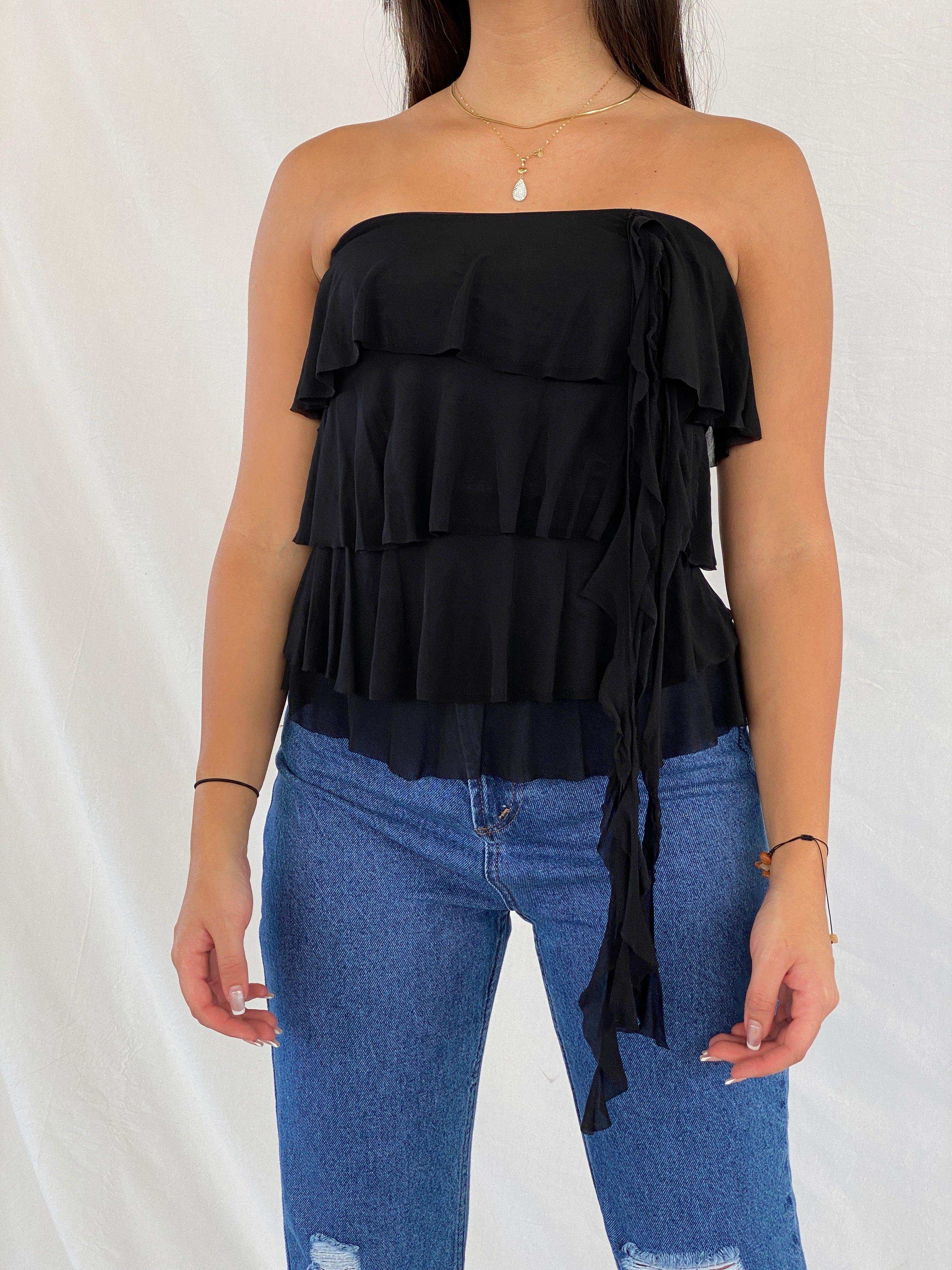 Y2K Supré Ruffled Tube Black Top - Balagan Vintage Sleeveless Top 00s, 90s, NEW IN, Rama