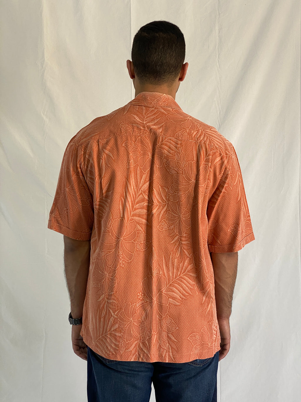 Jamaica Jaxx Silk Orange Hawaiian Camp Tropical Floral Print Men’s Short Sleeve Shirt - M