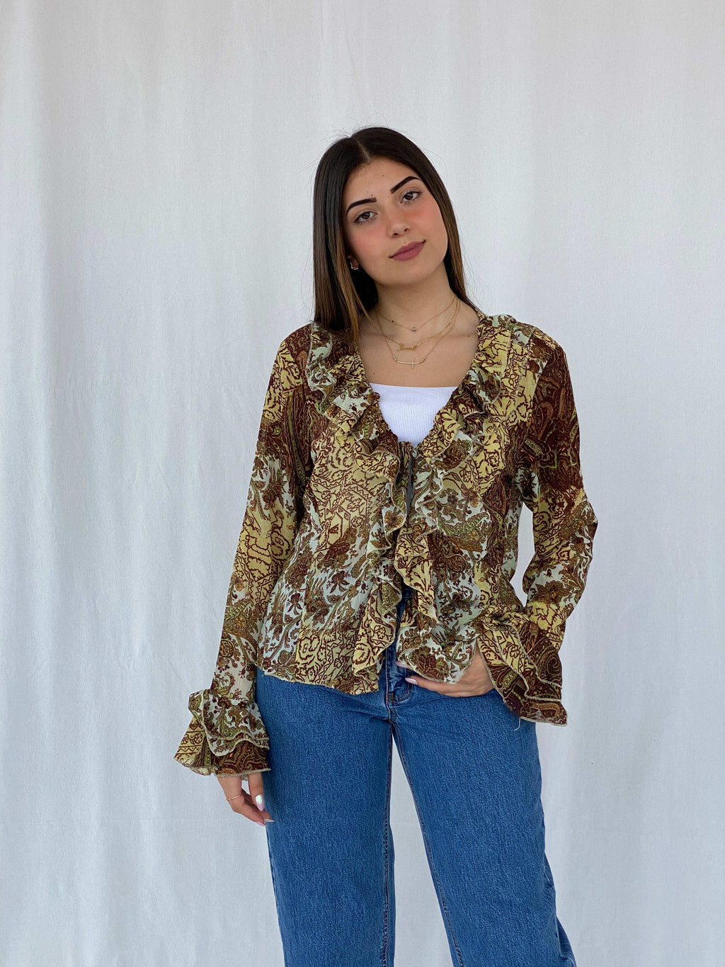 Y2K H Good Feeling Floral Sheer Ruffled Cardigan Size XL - Balagan Vintage Cardigan cardigan, floral, floral mesh, full sleeve shirt, Juana, NEW IN, women skirt