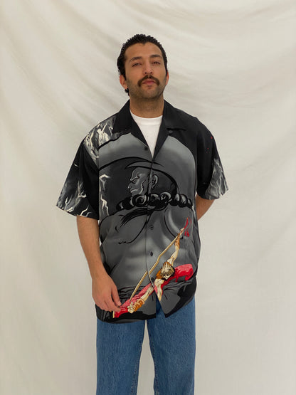 Vintage Y2K Million Guy Anime Graphic Button Up Shirt Black Grey Samurai Manga Shirt - M