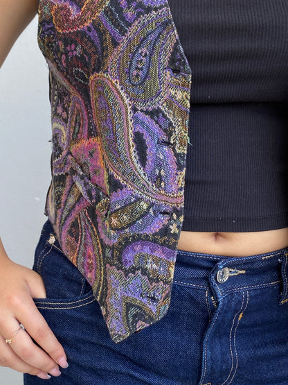 Vintage 90s Wrapper USA Purple Paisley Tapestry Vest Boho Waistcoat – M