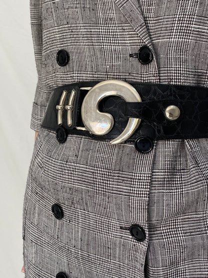 Vintage Croc Embossed Leather Statement Belt with Oversized Silver Buckle
