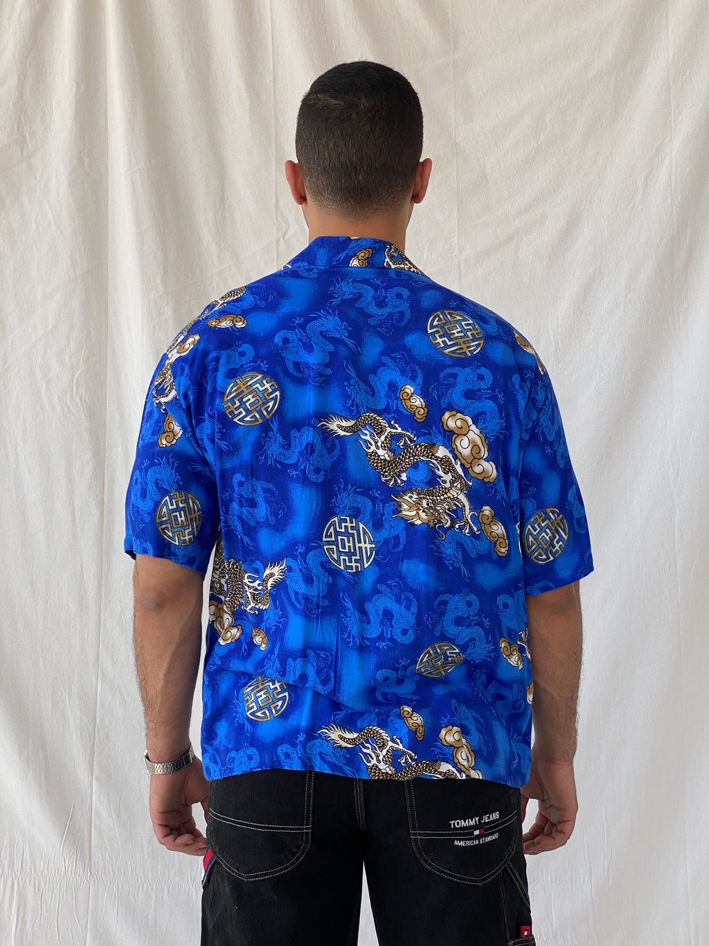 Vintage Y2K Dragon Print Short Sleeve Button Up Men’s Blue Shirt - L