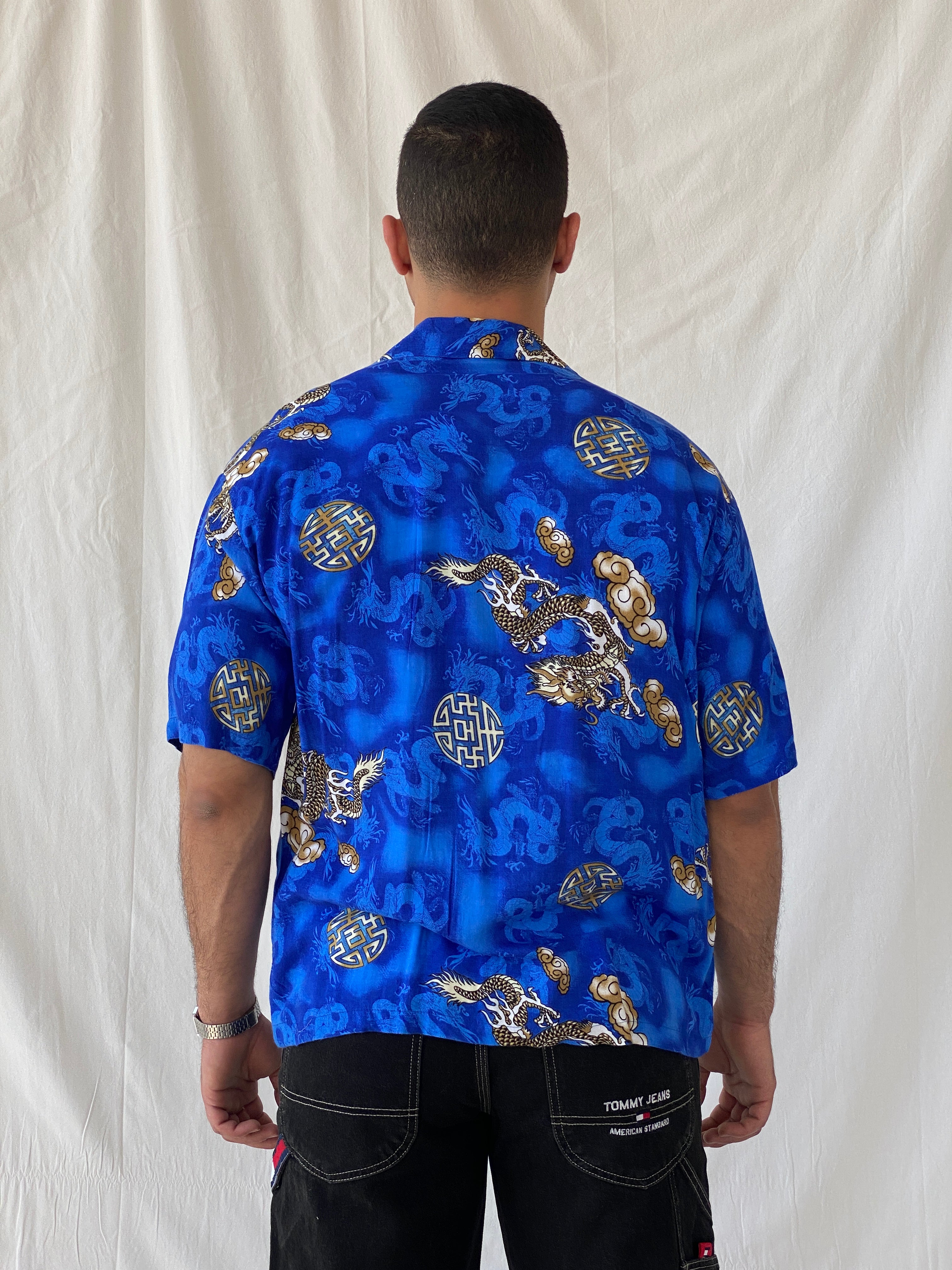 Vintage Y2K Dragon Print Short Sleeve Button Up Men’s Blue Shirt - L