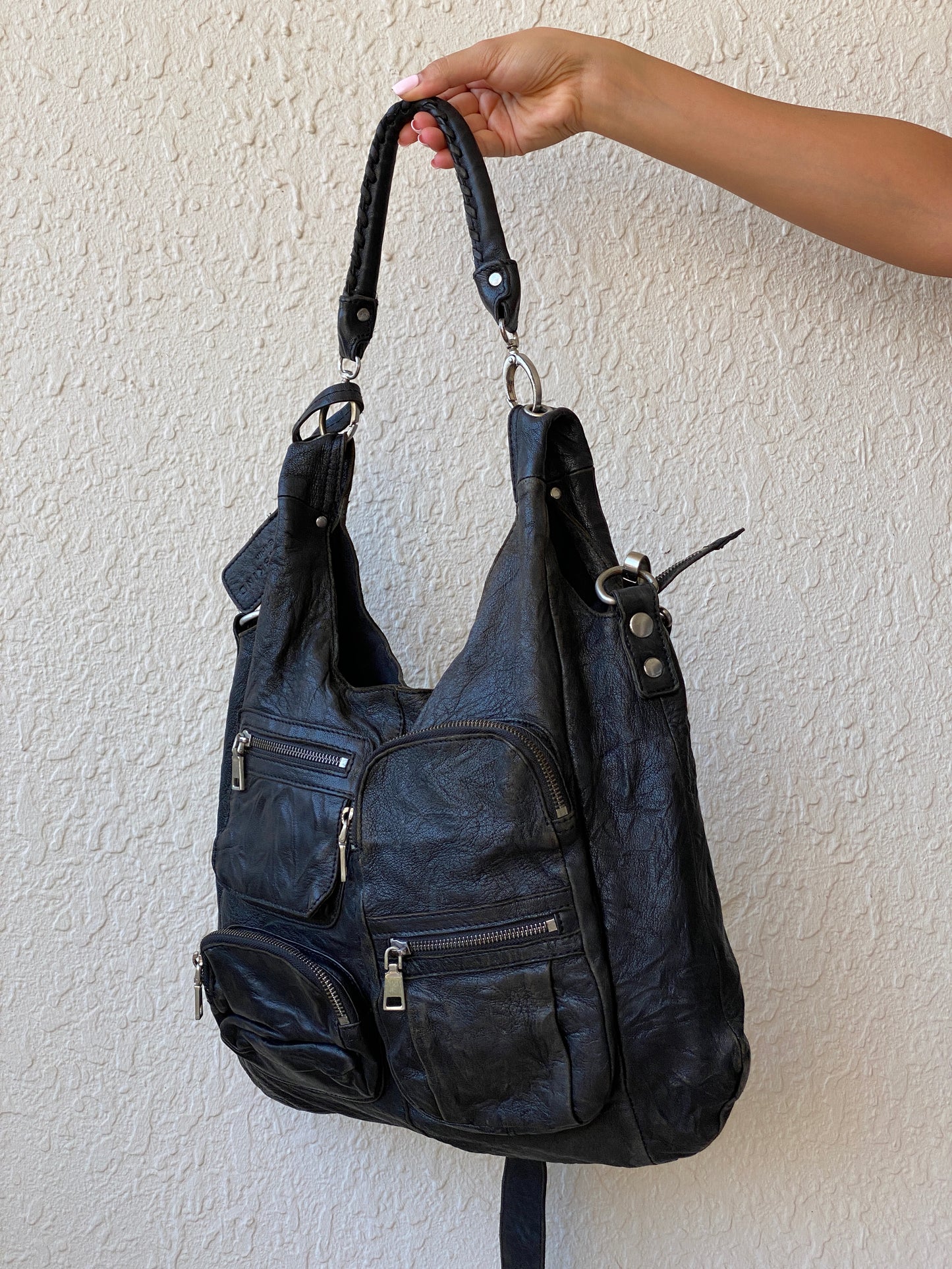 Liebeskind Berlin Distressed Black Leather Multi-Pocket Hobo Bag