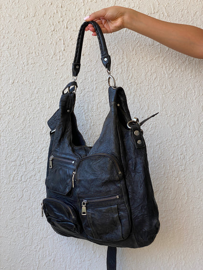 Liebeskind Berlin Distressed Black Leather Multi-Pocket Hobo Bag
