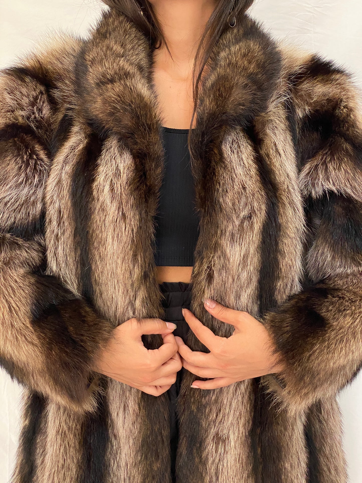 Vintage Real Fur Striped Brown & Black Coat Luxurious Genuine Raccoon Fur Winter Jacket - M