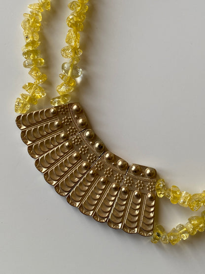 Vintage Yellow Crystal Chip Necklace with Gold-Tone Statement Panel Boho Ethnic Necklace