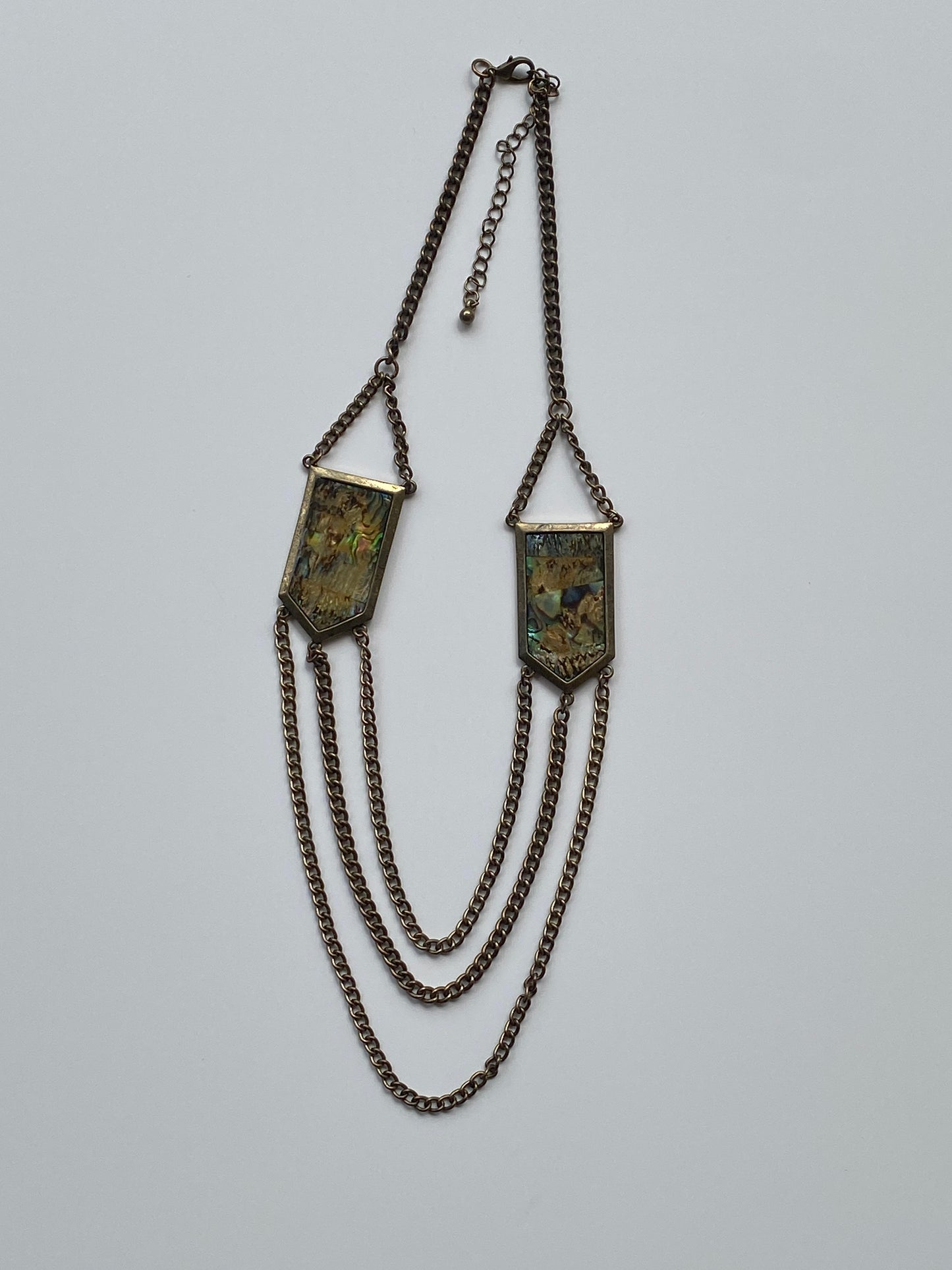 Vintage Y2K–Boho Abalone Shell & Antiqued Brass Triple Draped Chain Statement Necklace