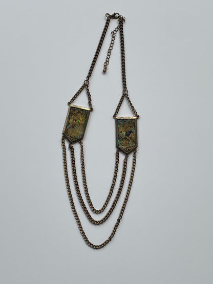 Vintage Y2K–Boho Abalone Shell & Antiqued Brass Triple Draped Chain Statement Necklace
