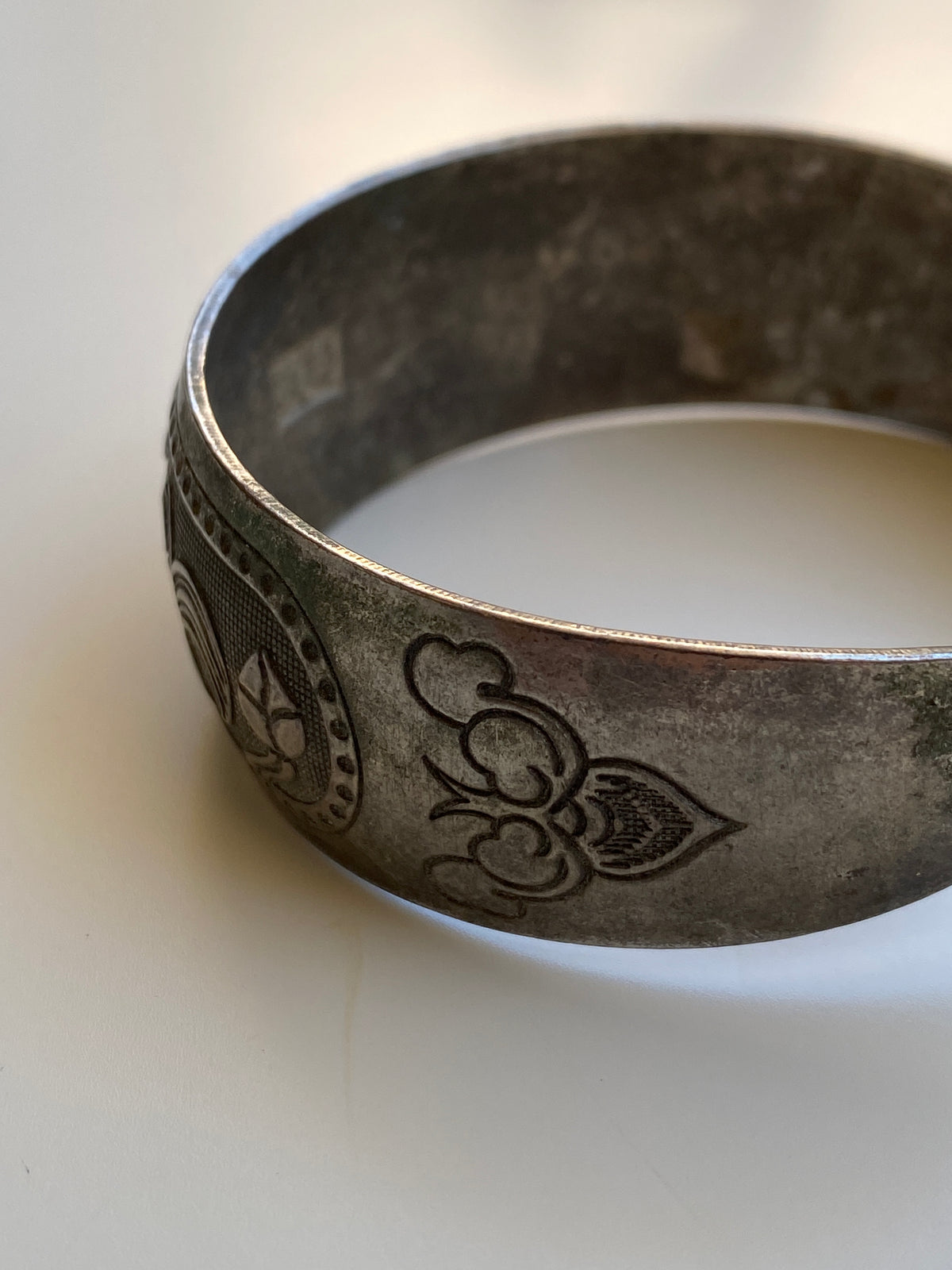 Vintage North African Style Silver-Tone Engraved Fish & Floral Wide Cuff Bracelet