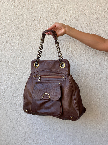 Vintage Y2K A|wear Brown Chain Handle Multi-Pocket Shoulder Bag