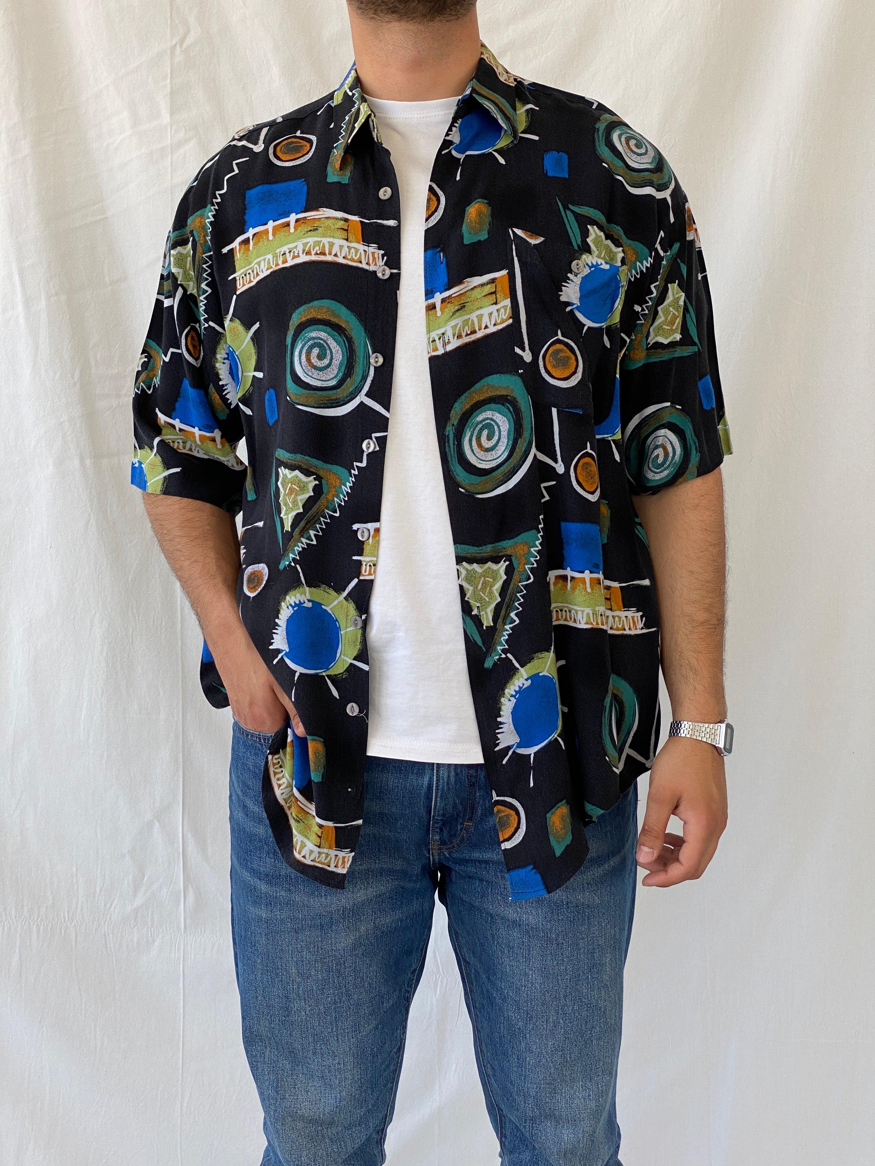 Vintage Y2K Canda Crazy Pattern Short Sleeve Button Up Men’s Shirt - XL