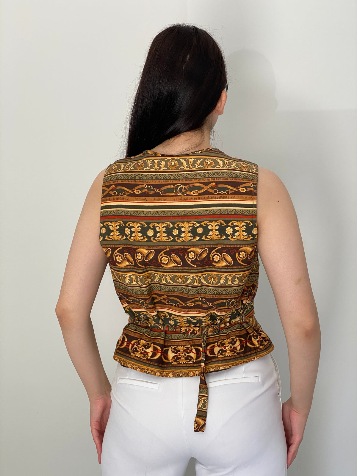 Vintage 90s White Stag Brown Baroque Equestrian Print Tailored Vest - M