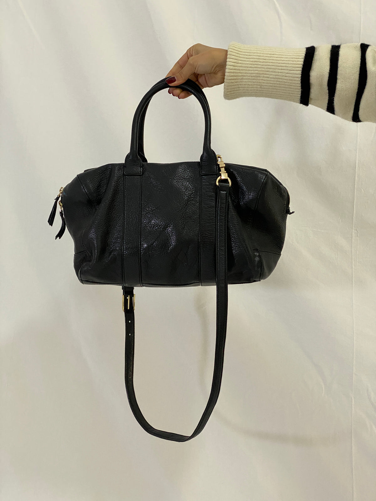 Tory Burch Marion Black Pebbled Leather Satchel Bowler Bag with Gold Hardware Tory Burch Marion Black Pebbled Leather Satchel Bowler Bag with Gold Hardware