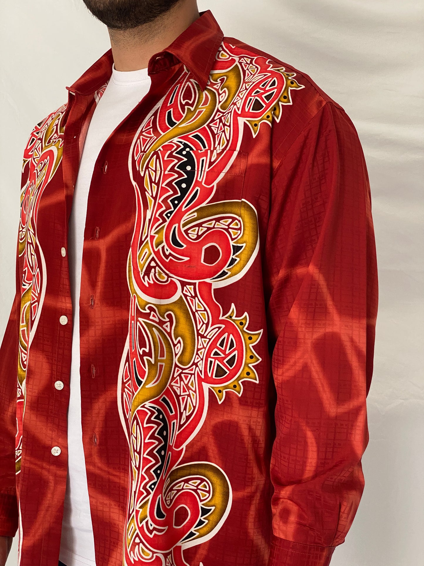 Y2K Drapper Club Tribal Dragon Red Long Sleeve Button-Up Shirt – XL