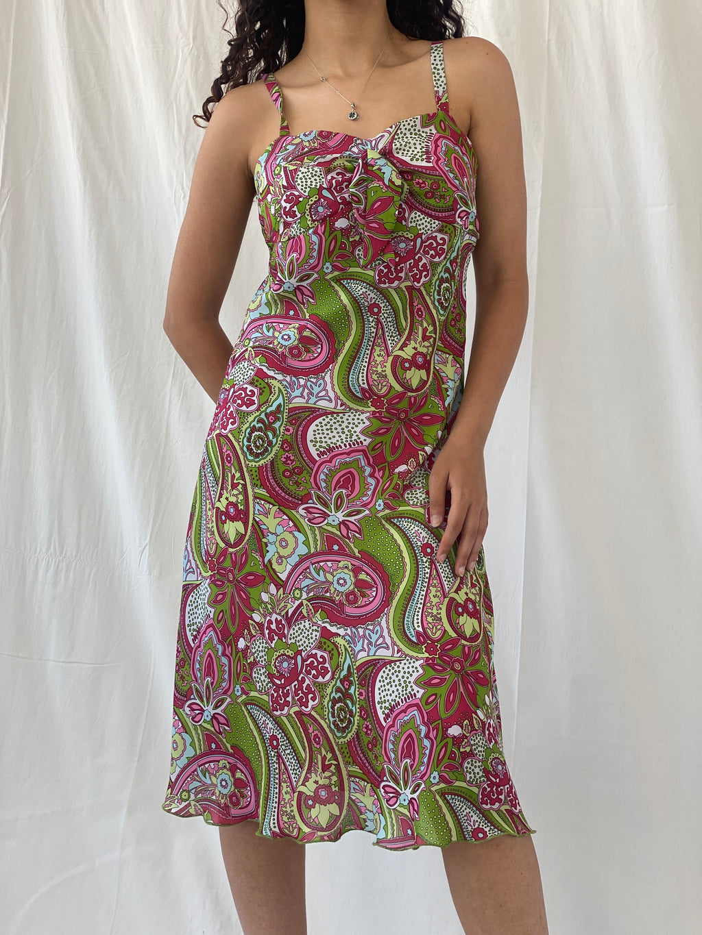 Vintage 90s Esmara Pink Green Paisley Print Midi Dress - S