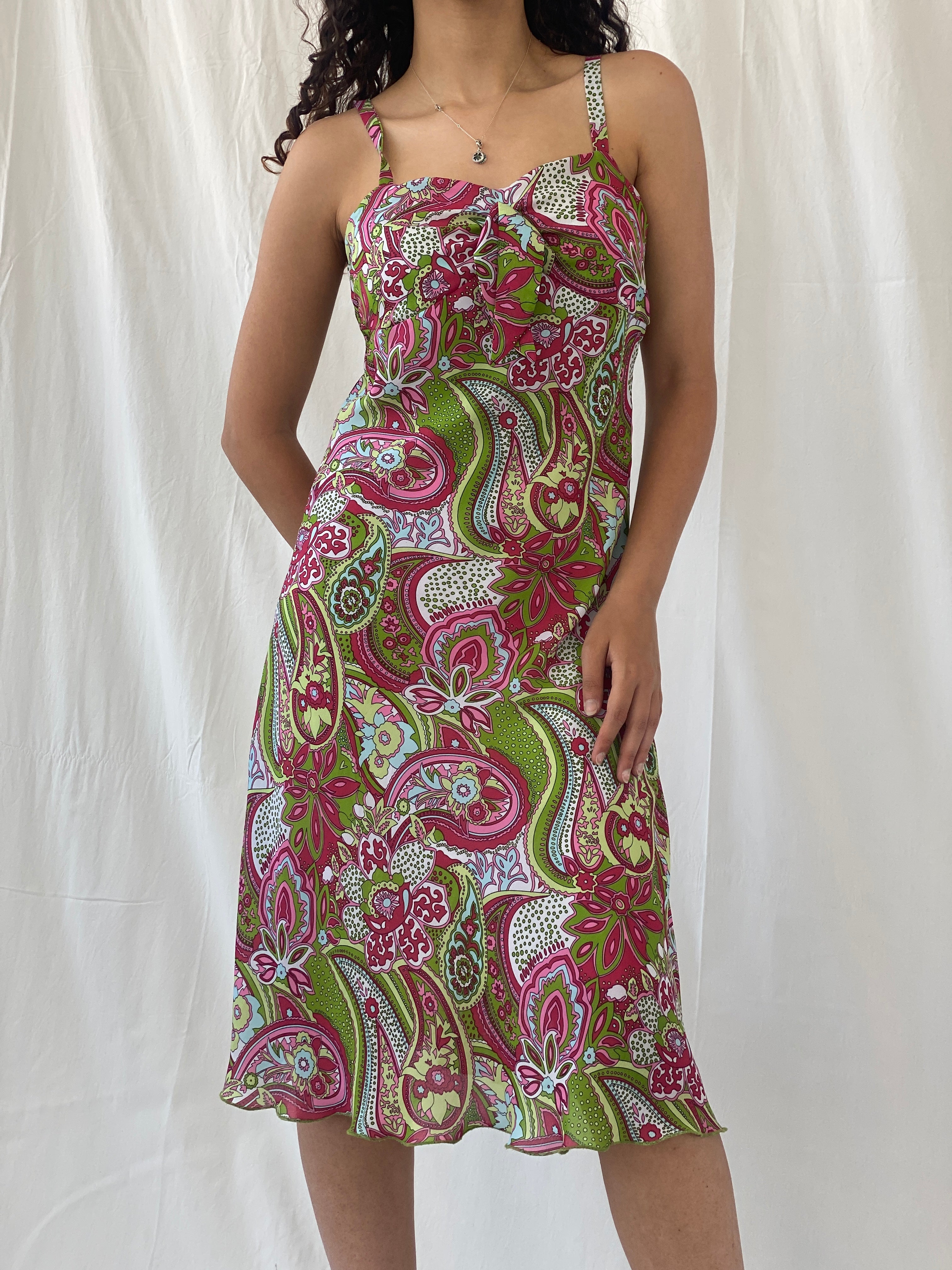 Vintage 90s Esmara Pink Green Paisley Print Midi Dress - S