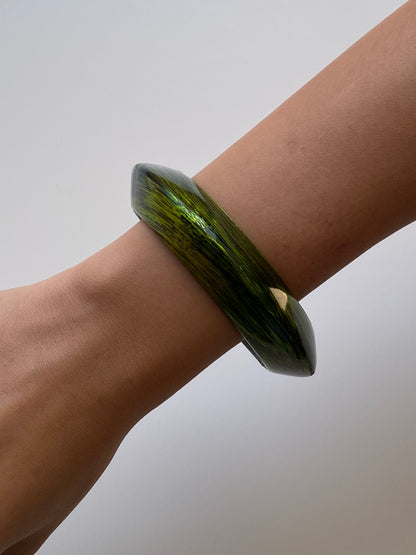 Vintage Green Black Brushstroke Bangle Bracelet Wide Chunky Cuff