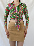 Vintage Psychedelic Print Shirt 70s Style Swirl Tie Front Blouse - M