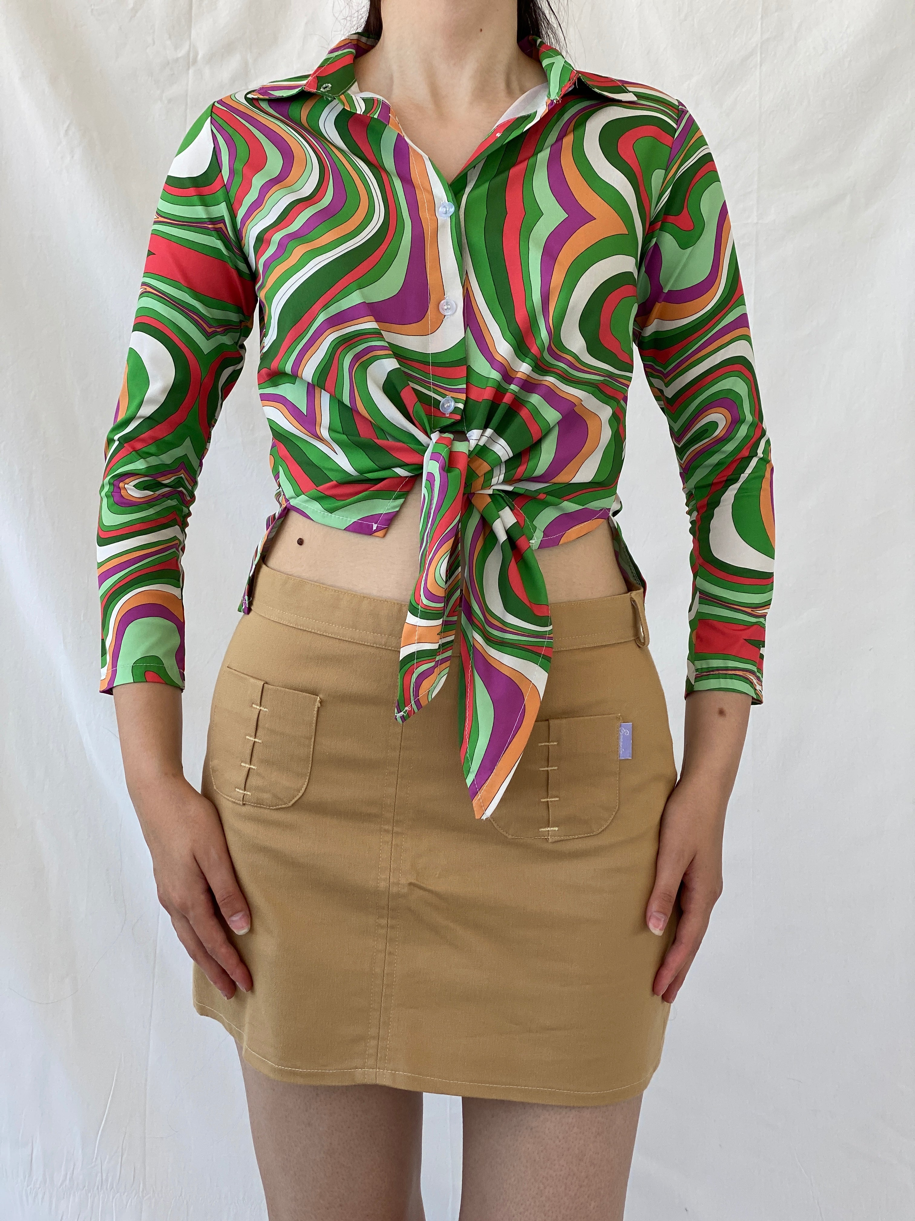 Vintage Psychedelic Print Shirt 70s Style Swirl Tie Front Blouse - M