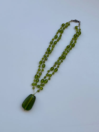Vintage Green Glass Bead Double Strand Necklace with Statement Pendant Y2K Boho Jewelry