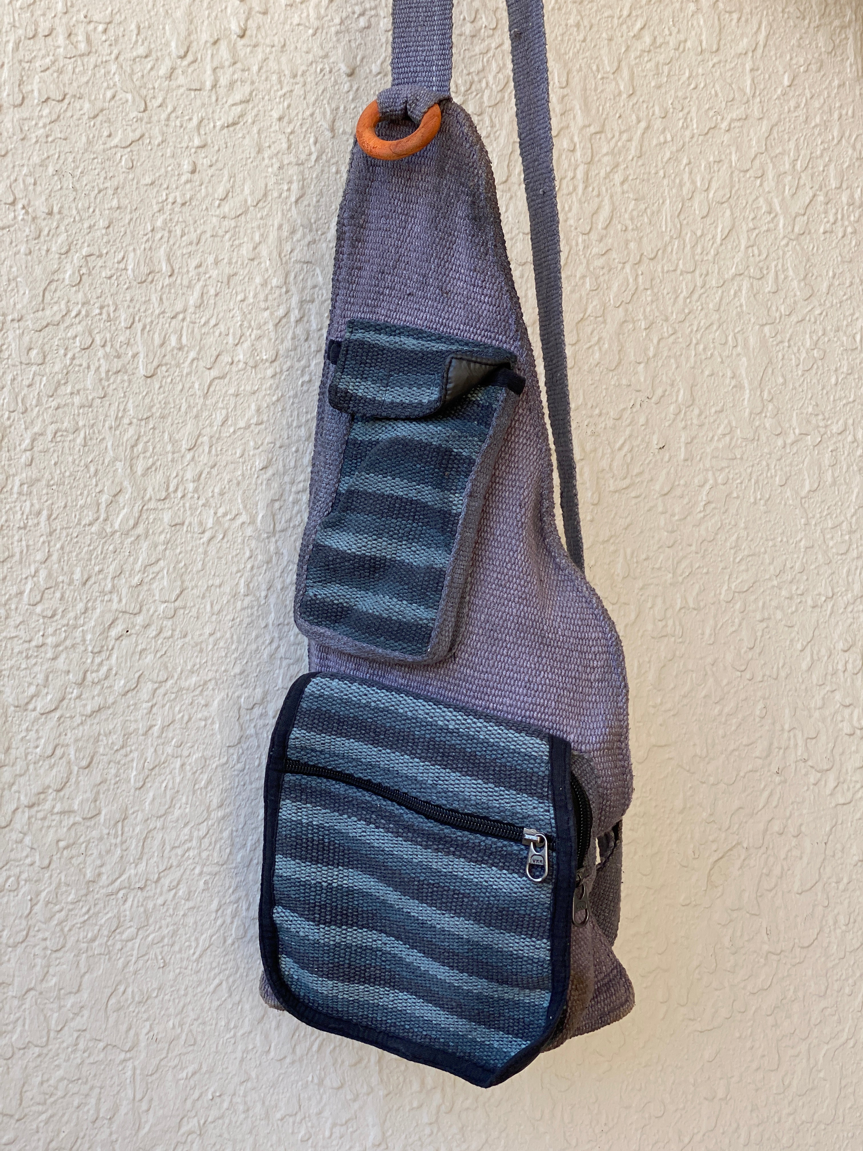 Vintage Boho Crossbody Sling Bag - 100% Cotton with Wooden Ring Detail