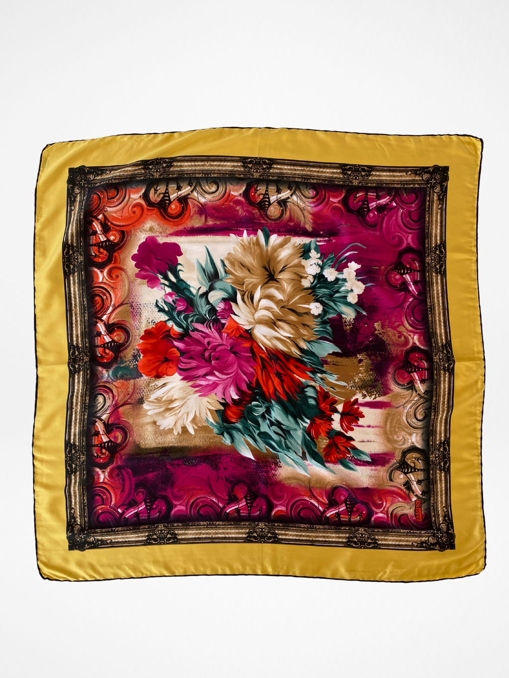 ARMEN Golden Floral Baroque Style Satin Silk Square Scarf