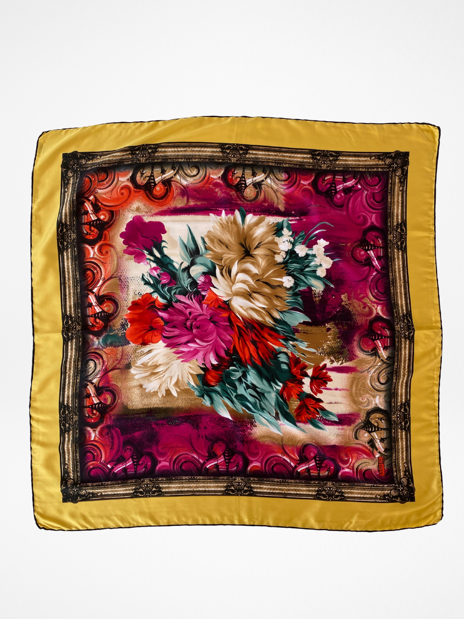 ARMEN Golden Floral Baroque Style Satin Silk Square Scarf