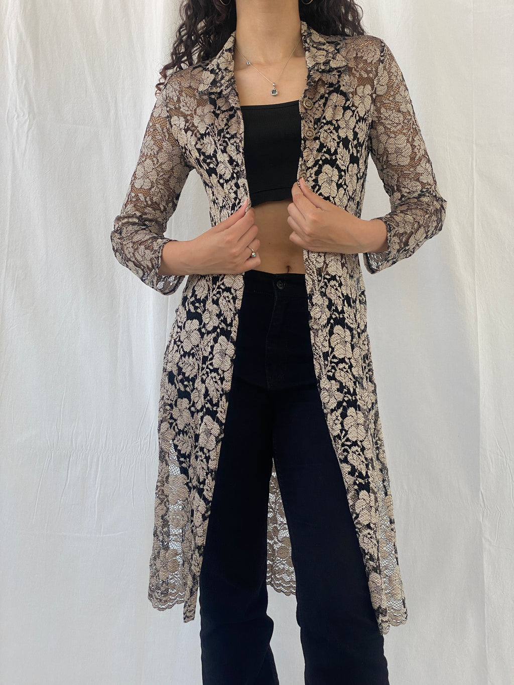 Stunning 90s Wallis Petite Gold Black Lace Long Cardigan - M