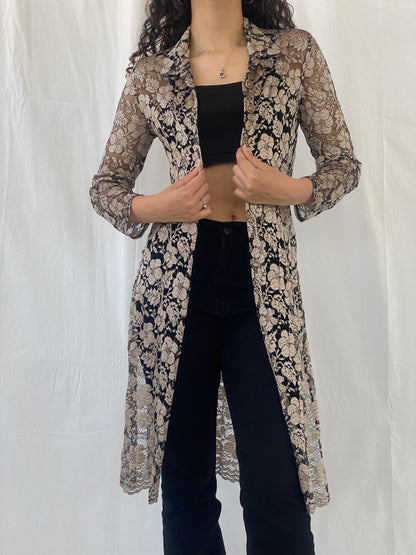 Stunning 90s Wallis Petite Gold Black Lace Long Cardigan - M