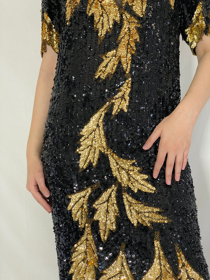 Vintage 80s/90s Sho Max Originals Black Silk Sequin Gold Leaf Beading Party Dress - L