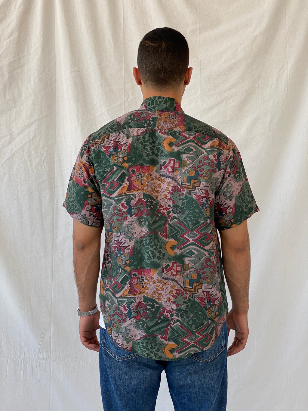 Vintage Shizhuang Abstract Men’s Short Sleeve Green Geometric Shirt - L