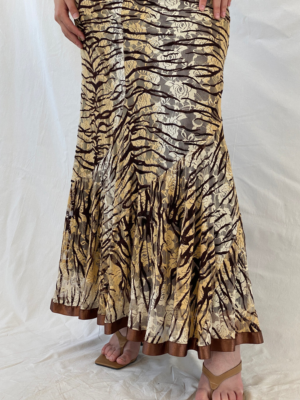 Vintage Brown Zebra Print Floral Lace Satin Trim Hem Maxi Skirt - L