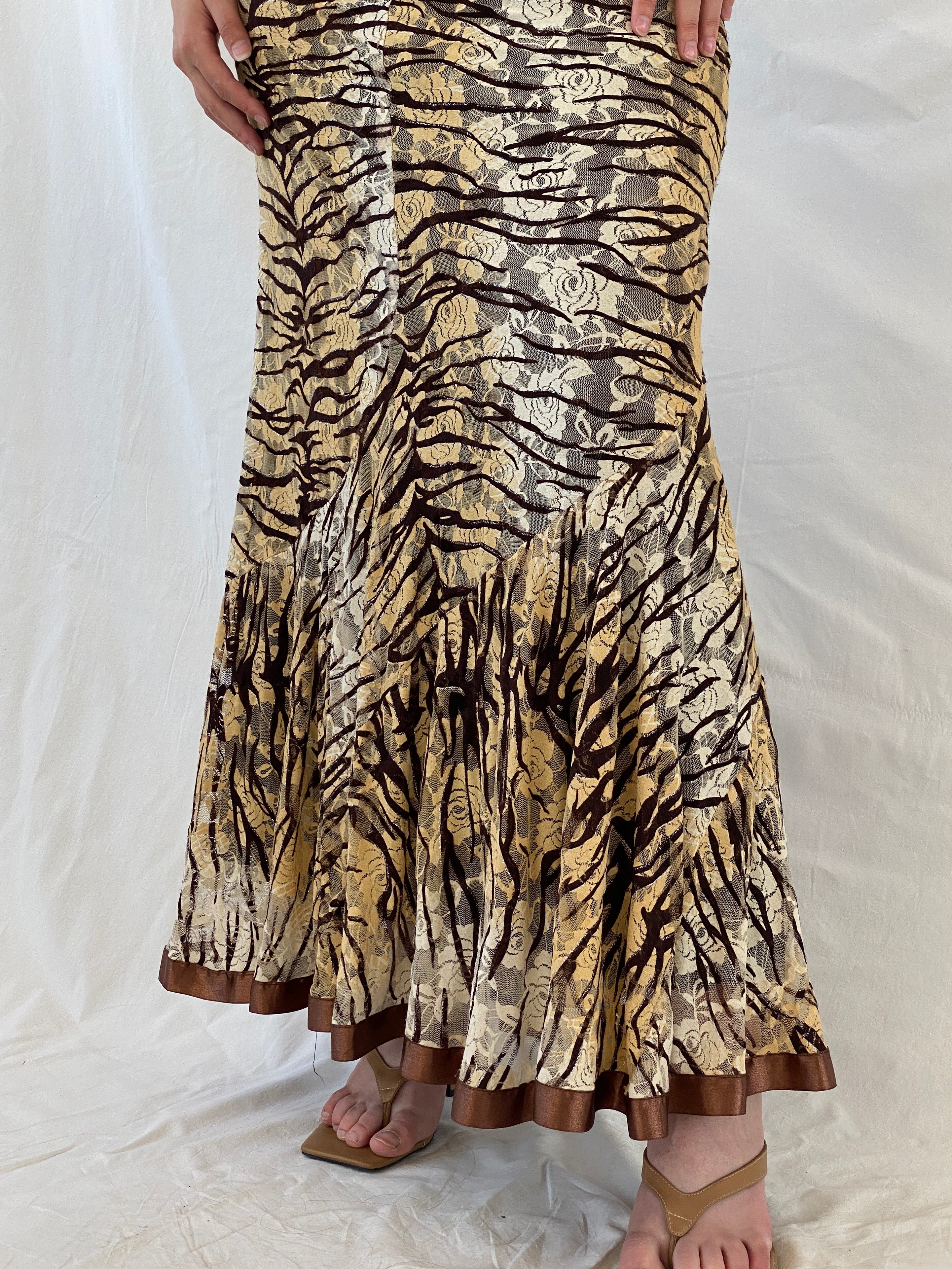 Vintage Brown Zebra Print Floral Lace Satin Trim Hem Maxi Skirt - L