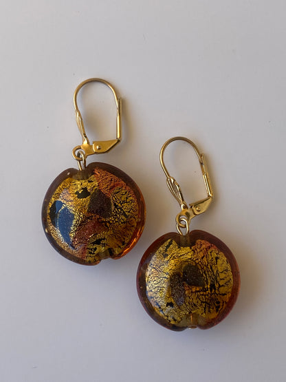 Vintage Murano Style Amber Gold Foil Glass Drop Earrings