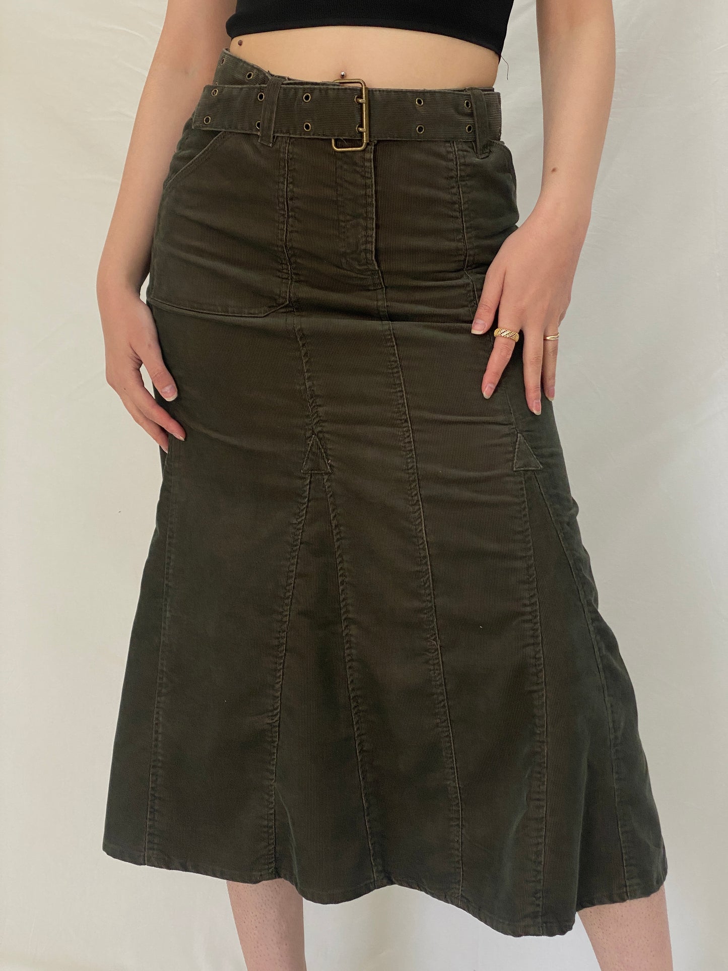 Y2K Yessica Olive Corduroy Midi Belted Panelled A-Line Skirt - S
