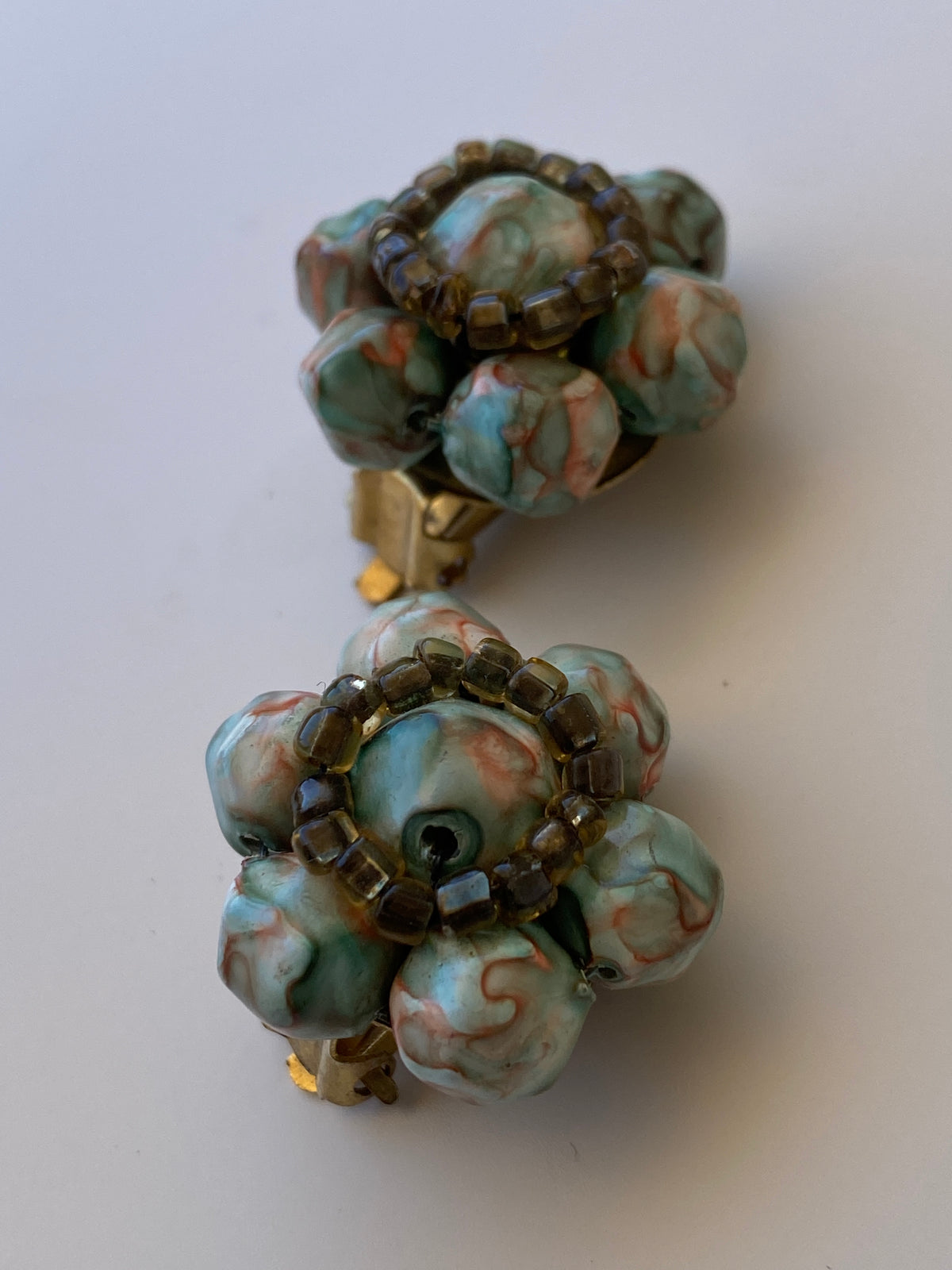 Vintage 1950s Pastel Beaded Floral Clip-On Earrings Turquoise Marble Lucite Cluster Statement Earrings Vintage 1950s Pastel Beaded Floral Clip-On Earrings Turquoise Marble Lucite Cluster Statement Earrings