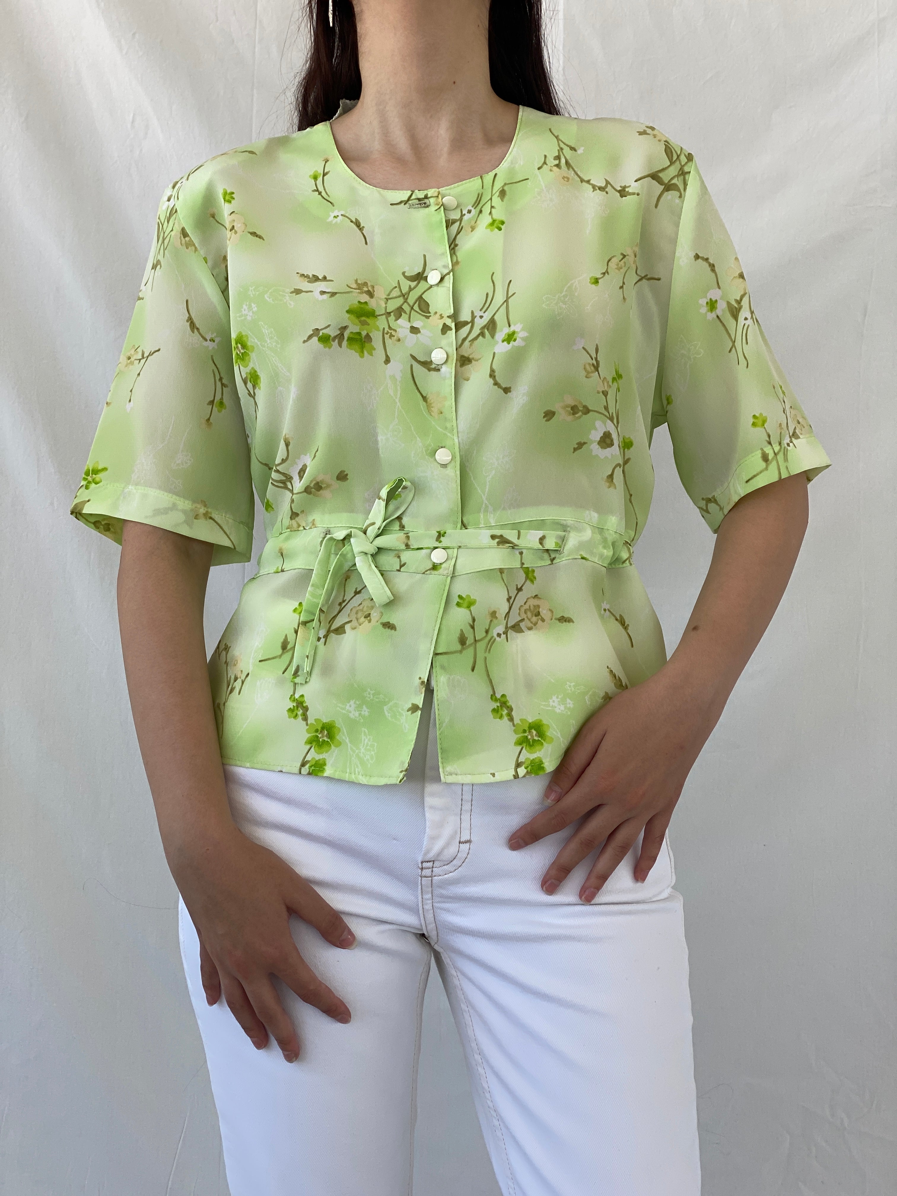 Vintage Lime Green Floral Waist Tie Button Up Short Sleeve Shirt - L