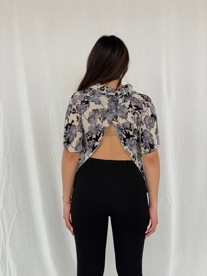 Beautiful Vintage Grey Floral Mesh Top with Open Back - Balagan Vintage Half Sleeve Top 00s, floral, floral mesh, floral top, NEW IN, Rama