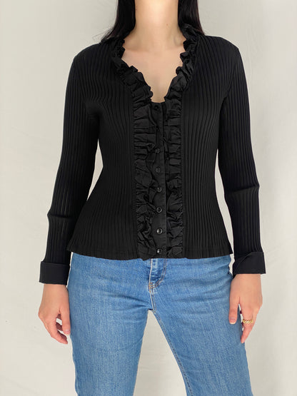 Y2K Taifun Black Ruffle Button-Up Cardigan Shirt Pleated Fitted Blouse - L