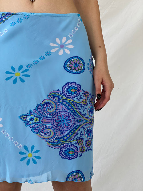 Beautiful Vintage Blue Floral Paisley Print Knee-Length Skirt - M