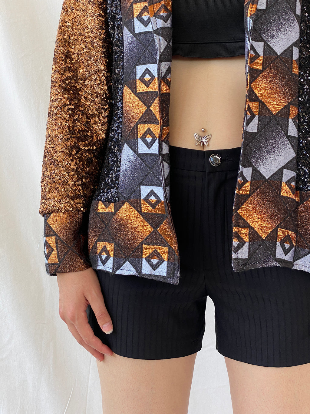 Vintage Geometric Sequin Blazer – Bronze, Black & Silver Statement Jacket - M