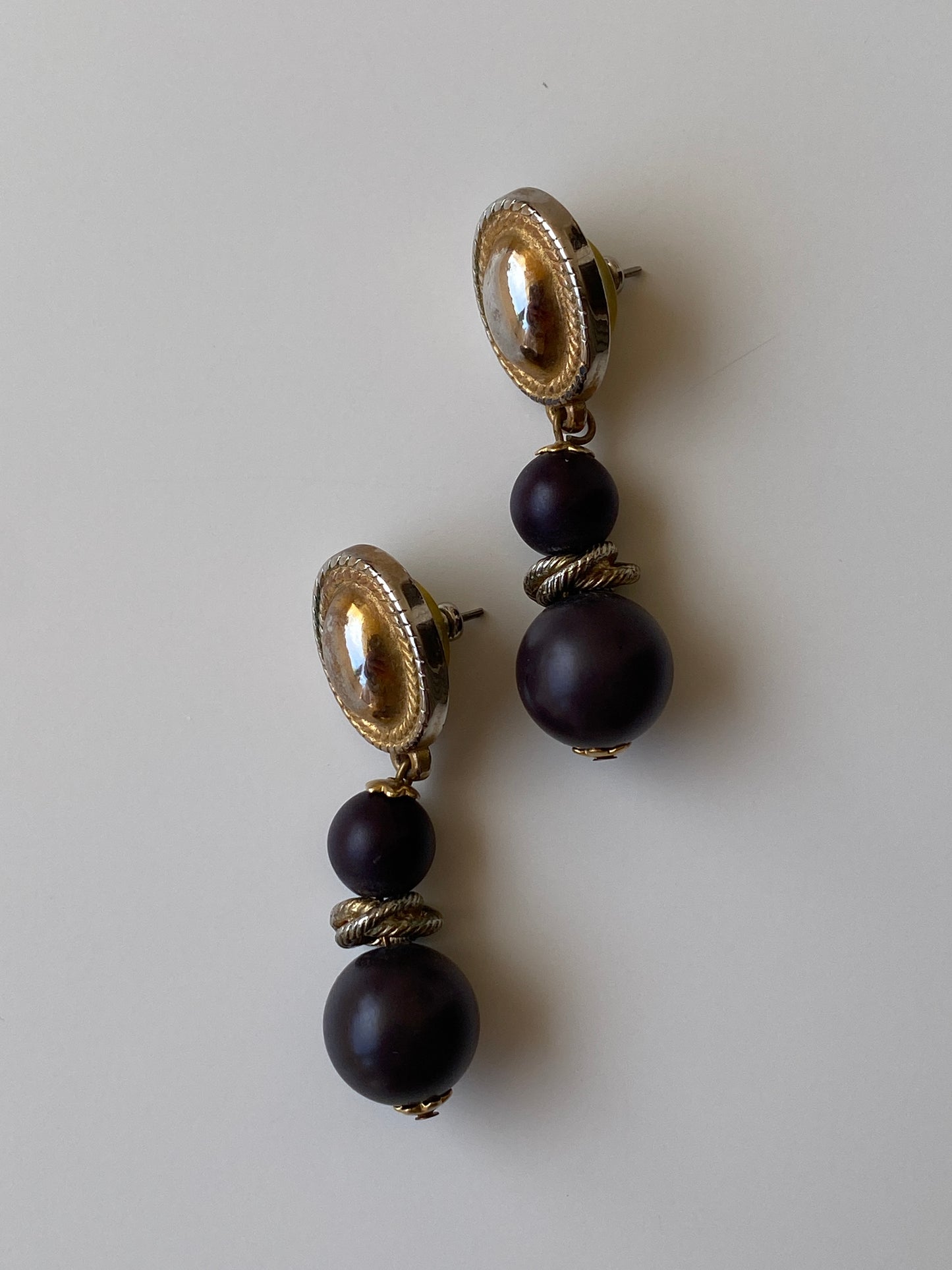 Vintage Gold Oval Rope Stud Dark Purple Black Ball Drop Earrings
