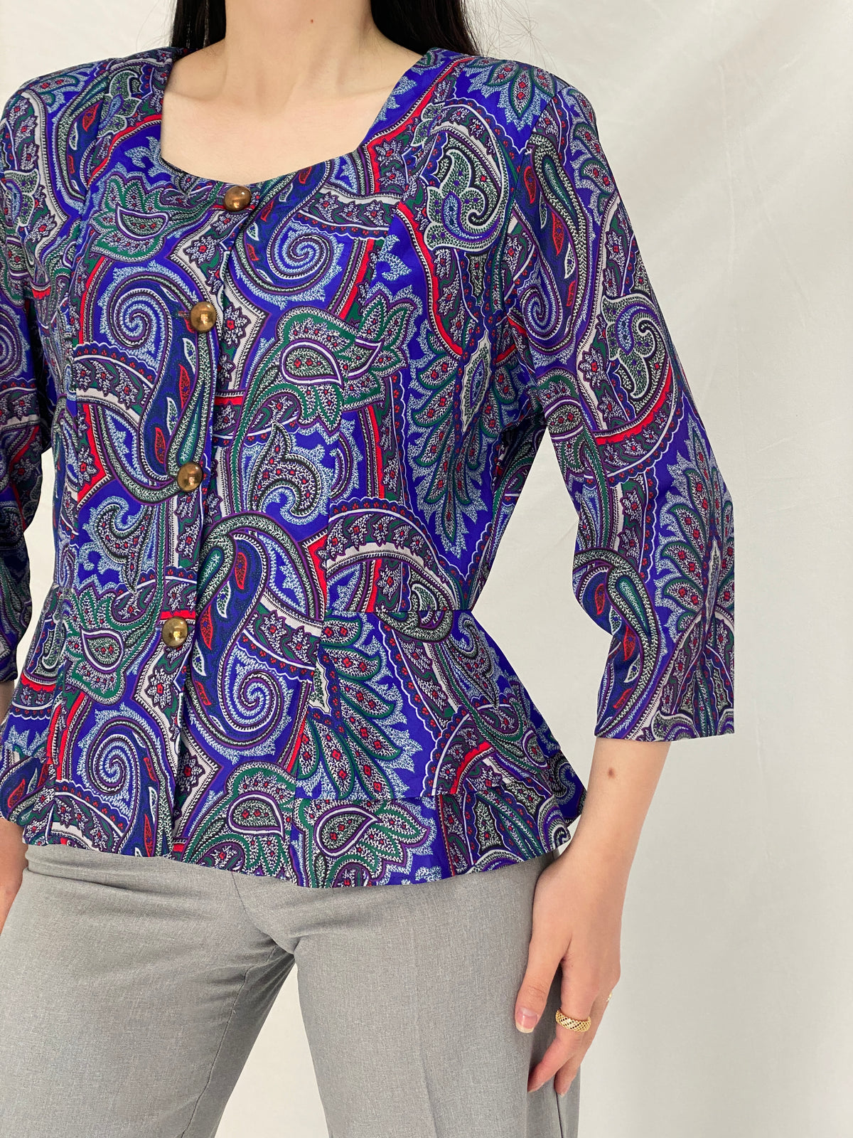 Vintage Amanda Blair Paisley Navy Peplum Satin Blouse Jewel Tone Print with Gold Buttons - L Vintage Amanda Blair Paisley Navy Peplum Satin Blouse Jewel Tone Print with Gold Buttons - L