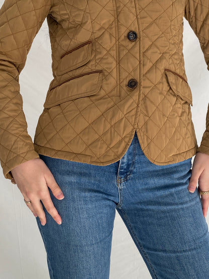 Massimo Dutti Camel Quilted Riding Jacket Fitted Equestrian Diamond Stitch Jacket - S