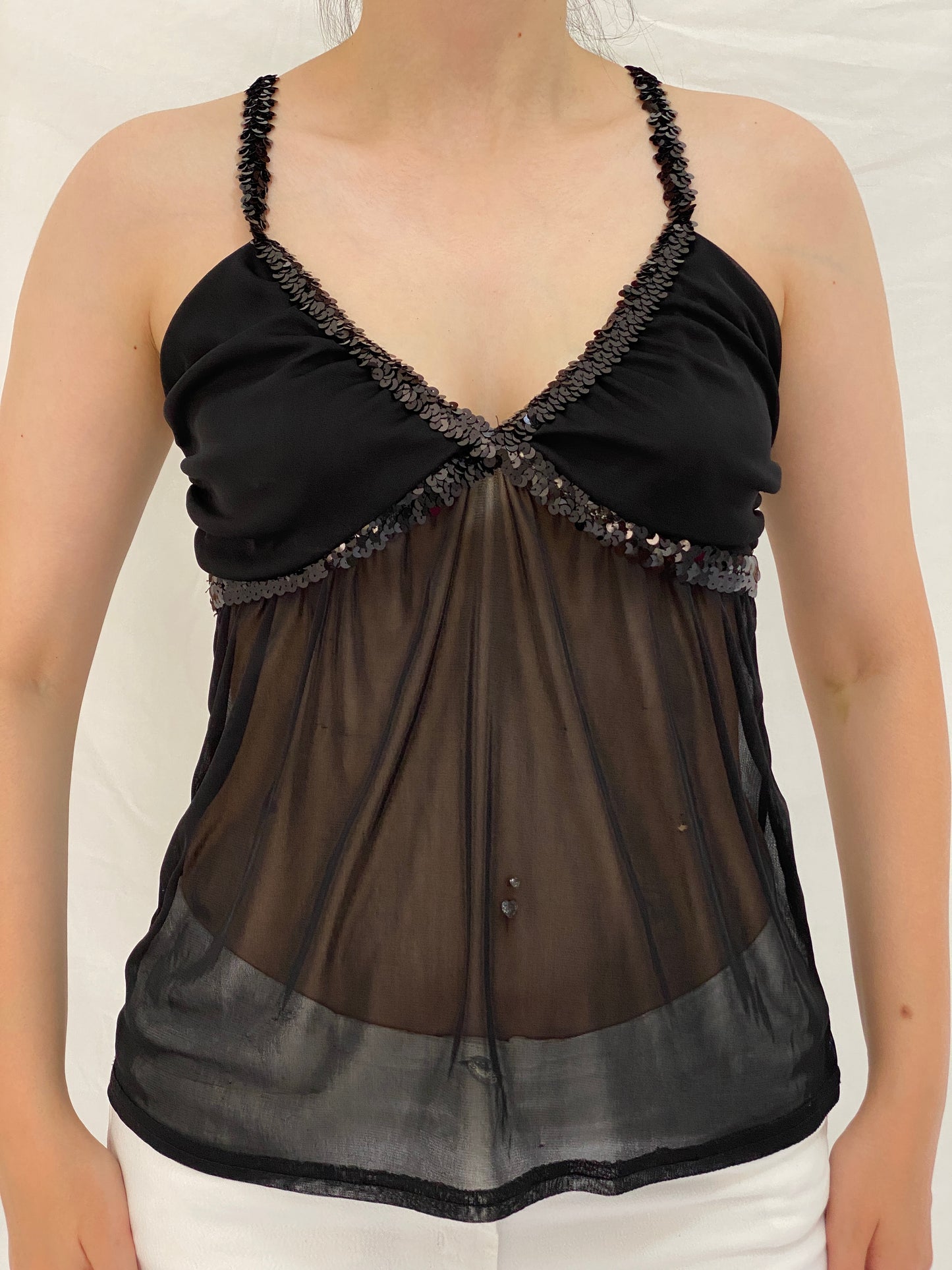 Vintage Y2K Black Party Evening Sequin Trim Sheer Mesh Cami Top - M