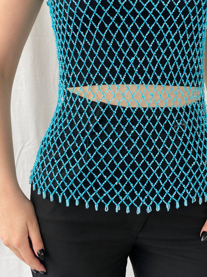 Vintage Y2K 2xtremz Women’s Net Beaded Crochet Blue Top - L